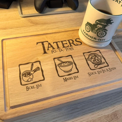 Personalised Taters Chopping Board, Fantasy Inspired Gift, Boil Em Mash Em Stew, Custom Wood Cutting Board, New Housewarming Gift for Foodie - Black Oak Farm