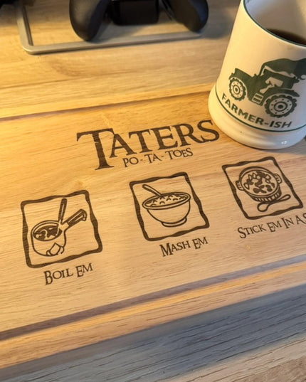 Personalised Taters Chopping Board, Fantasy Inspired Gift, Boil Em Mash Em Stew, Custom Wood Cutting Board, New Housewarming Gift for Foodie - Black Oak Farm
