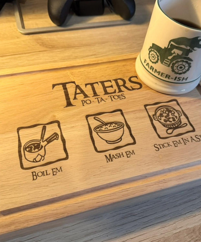 Personalised Taters Chopping Board, Fantasy Inspired Gift, Boil Em Mash Em Stew, Custom Wood Cutting Board, New Housewarming Gift for Foodie - Black Oak Farm