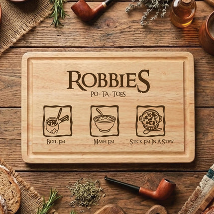 Personalised Taters Chopping Board, Fantasy Inspired Gift, Boil Em Mash Em Stew, Custom Wood Cutting Board, New Housewarming Gift for Foodie - Black Oak Farm