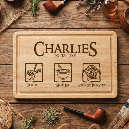 Personalised Taters Chopping Board, Fantasy Inspired Gift, Boil Em Mash Em Stew, Custom Wood Cutting Board, New Housewarming Gift for Foodie - Black Oak Farm