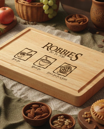 Personalised Taters Chopping Board, Fantasy Inspired Gift, Boil Em Mash Em Stew, Custom Wood Cutting Board, New Housewarming Gift for Foodie - Black Oak Farm
