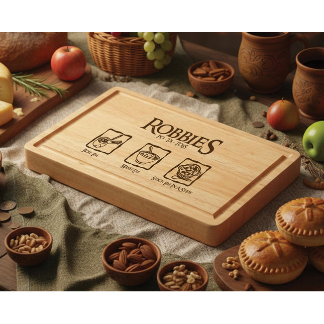 Personalised Taters Chopping Board, Fantasy Inspired Gift, Boil Em Mash Em Stew, Custom Wood Cutting Board, New Housewarming Gift for Foodie - Black Oak Farm
