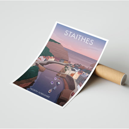 Staithes Travel Poster Print, Vintage Framed or Unframed Wall Art, Retro Large Home Decor Prints - Black Oak Farm