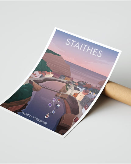 Staithes Travel Poster Print, Vintage Framed or Unframed Wall Art, Retro Large Home Decor Prints - Black Oak Farm