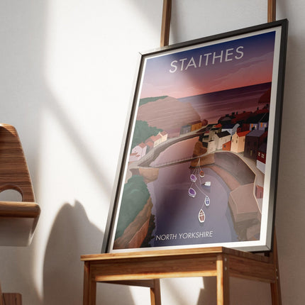 Staithes Travel Poster Print, Vintage Framed or Unframed Wall Art, Retro Large Home Decor Prints - Black Oak Farm