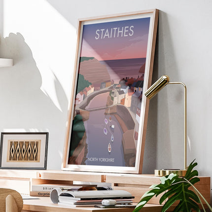 Staithes Travel Poster Print, Vintage Framed or Unframed Wall Art, Retro Large Home Decor Prints - Black Oak Farm