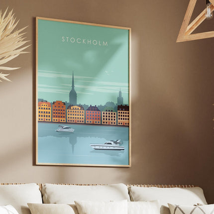 Stockholm Travel Poster Print, Vintage Framed or Unframed Wall Art, Retro Large Home Decor Prints - Black Oak Farm