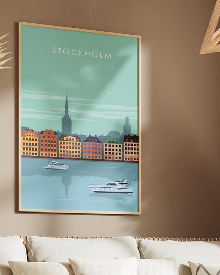 Stockholm Travel Poster Print, Vintage Framed or Unframed Wall Art, Retro Large Home Decor Prints - Black Oak Farm