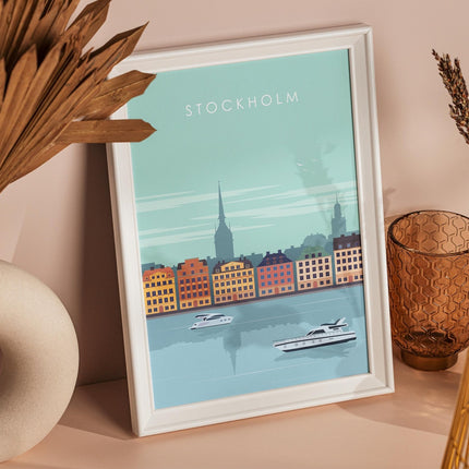 Stockholm Travel Poster Print, Vintage Framed or Unframed Wall Art, Retro Large Home Decor Prints - Black Oak Farm