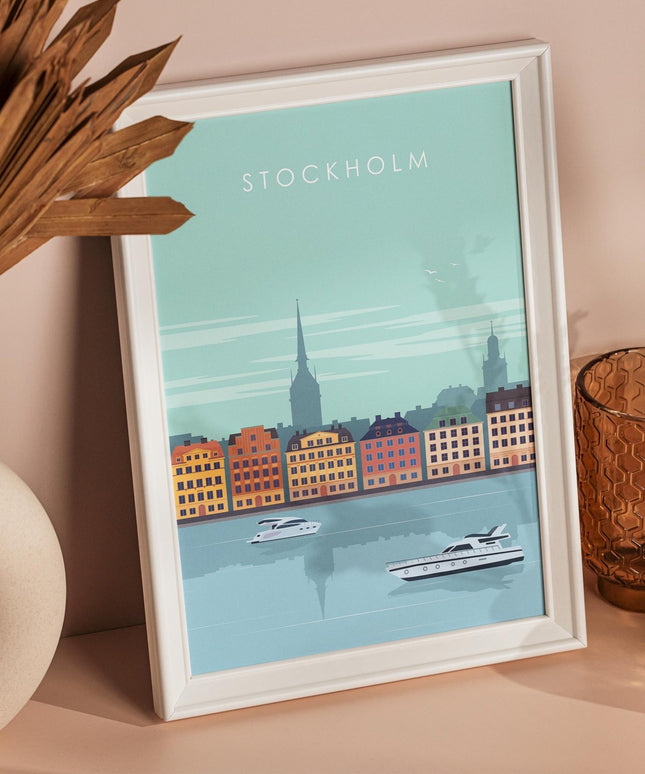 Stockholm Travel Poster Print, Vintage Framed or Unframed Wall Art, Retro Large Home Decor Prints - Black Oak Farm