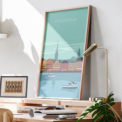 Stockholm Travel Poster Print, Vintage Framed or Unframed Wall Art, Retro Large Home Decor Prints - Black Oak Farm